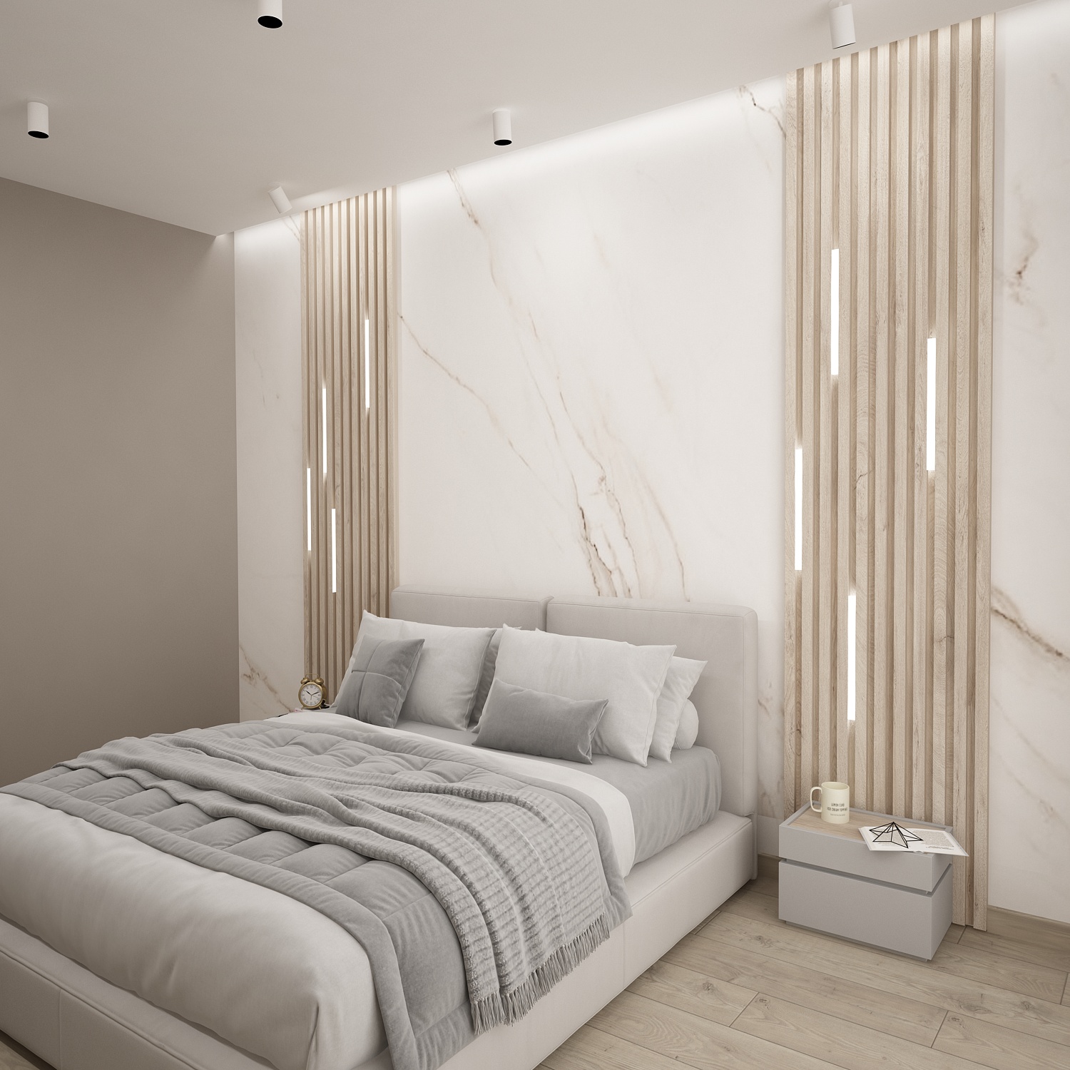 bedroom modern design wood, white, carrera marble