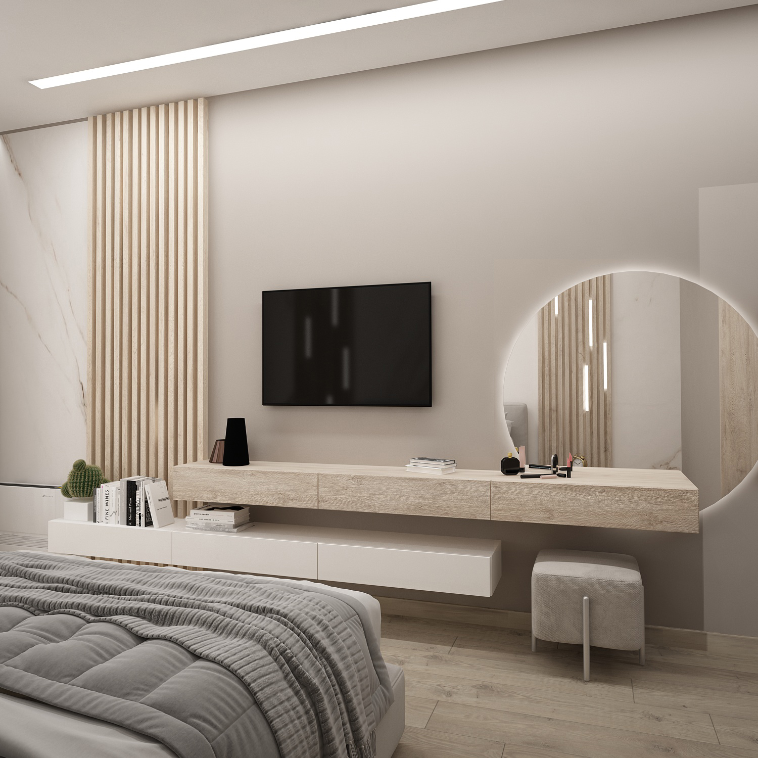 интериорен дизайн на спалня в бяло, сиво, капучино, дърво, мрамор